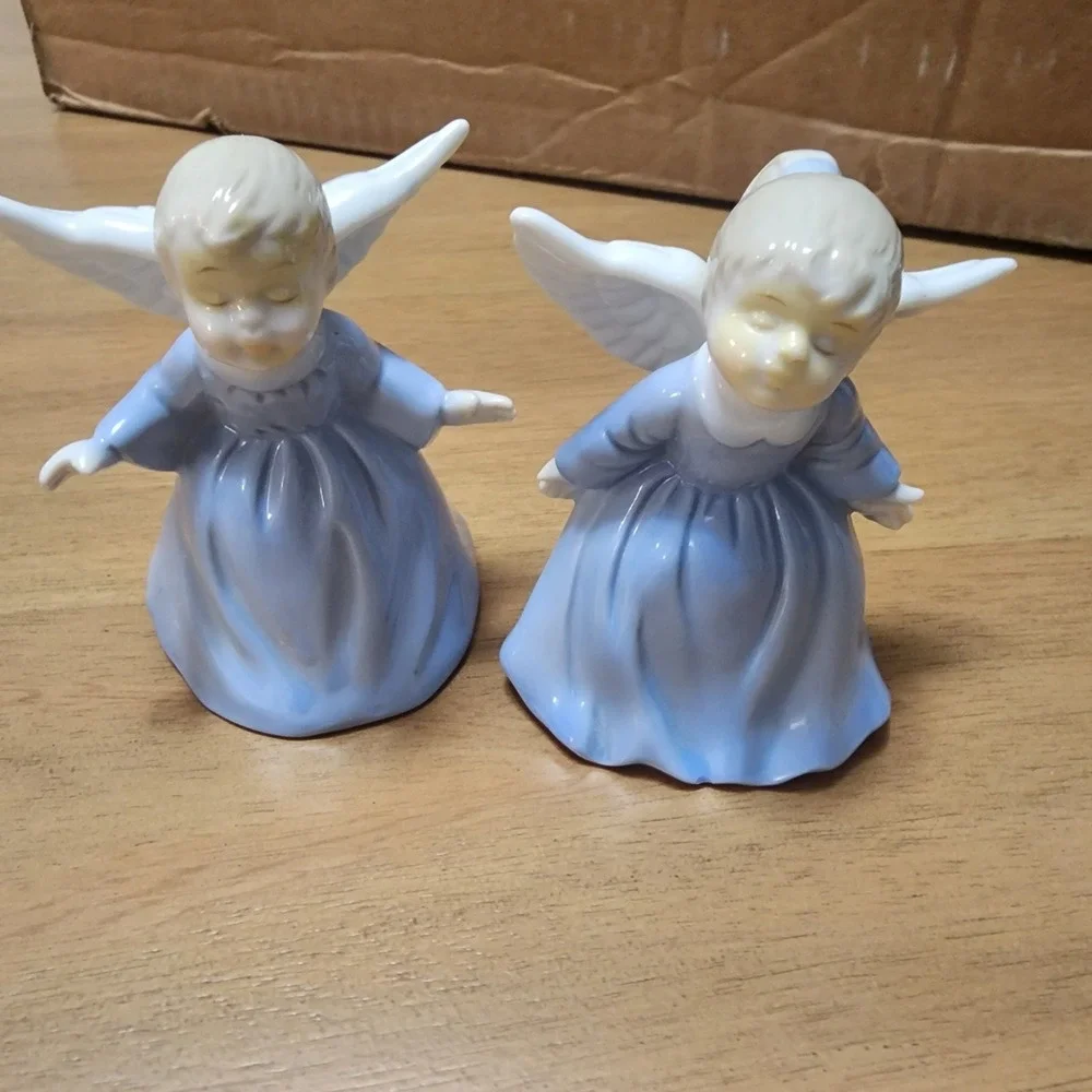 Vintage Pair Of Kissing Angel bells Blue And White Porcelain